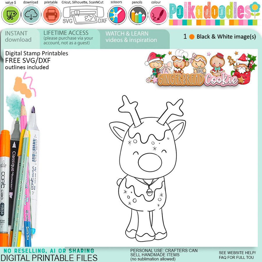 Reindeer Christmas Gingerbread Cookie digital stamps, printables for card making, craft, junk journals