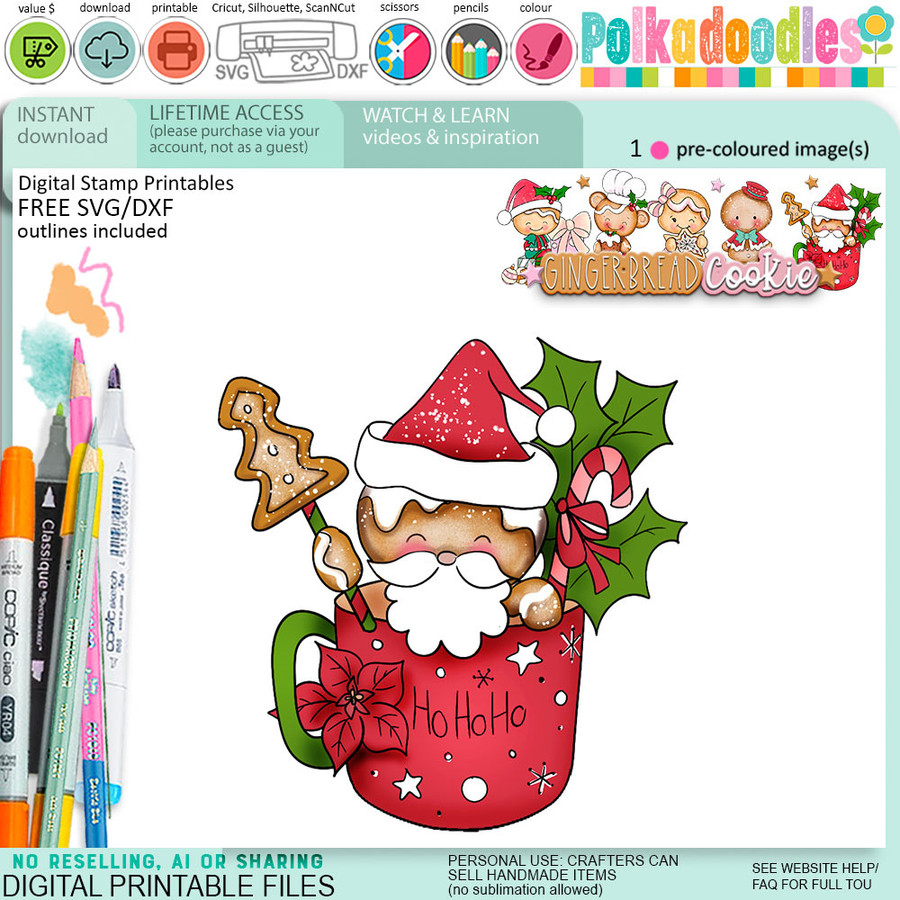 Santa Cup Christmas Gingerbread Cookie digistamp clipart digital stamps, printables, clipart for card making, craft, junk journals