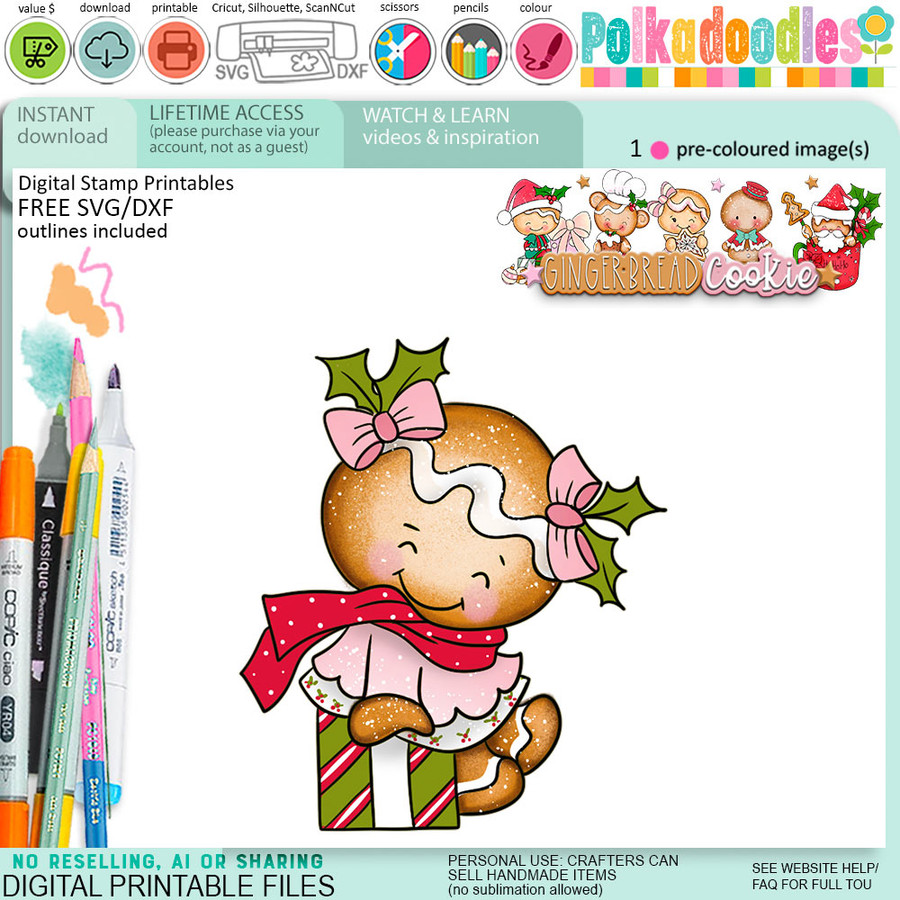 Presents Christmas Gingerbread Cookie digistamp clipart digital stamps, printables, clipart for card making, craft, junk journals