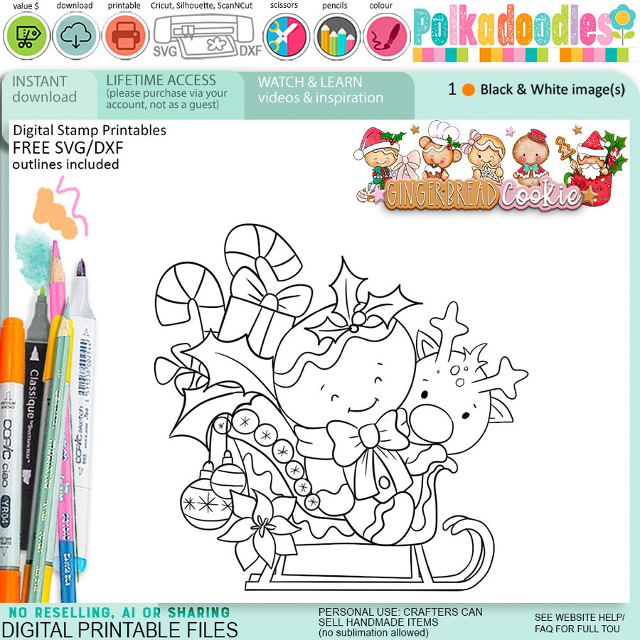 Sleigh Christmas Gingerbread Cookie digital stamps, printables for card making, craft, junk journals