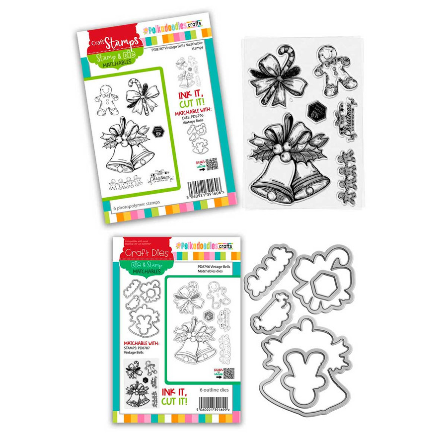 Vintage Christmas Bells craft card making clear stamps and outline dies