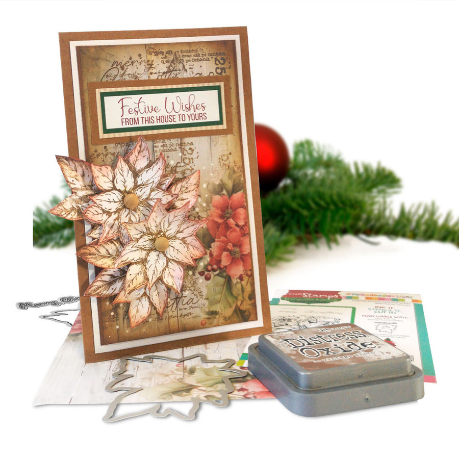 Vintage Christmas Text Poinsettia stamps and dies for craft card making