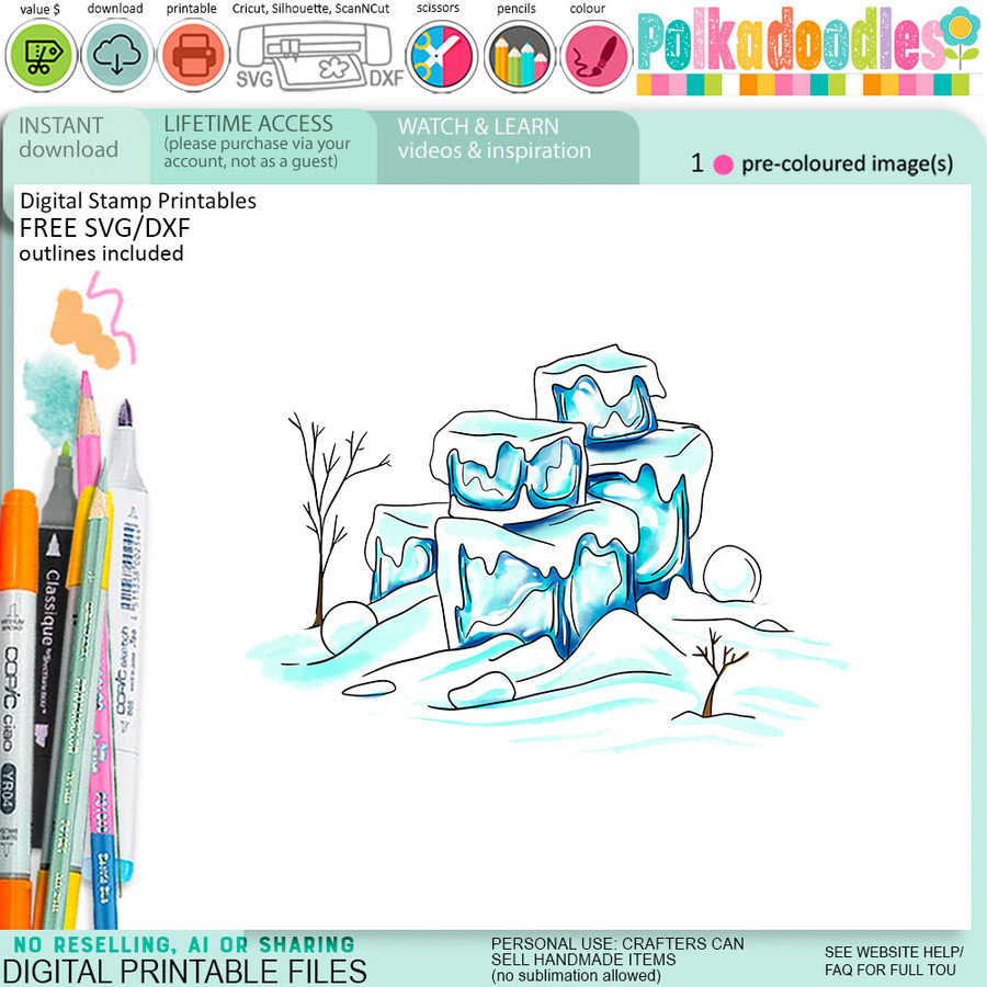 Ice blocks Theo Penguin colour clipart for card making, crafts, scrapbook, stickers, junk journals