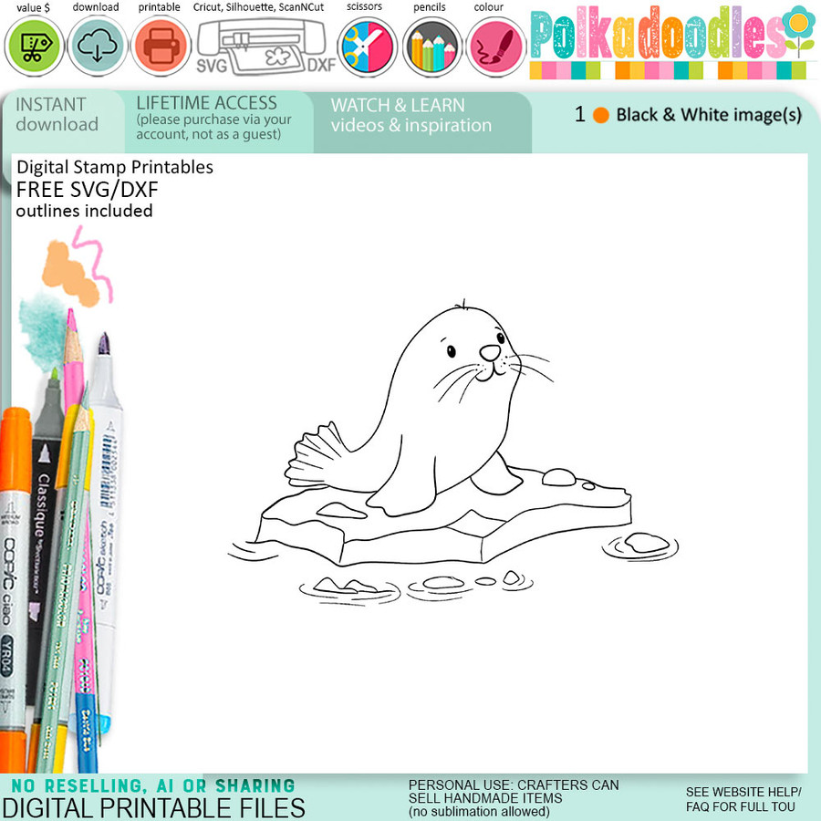 Seal on iceberg Theo Penguin - BLACK/WHITE printable digital stamp, card making, craft, sticker, junk journal, scrapbook