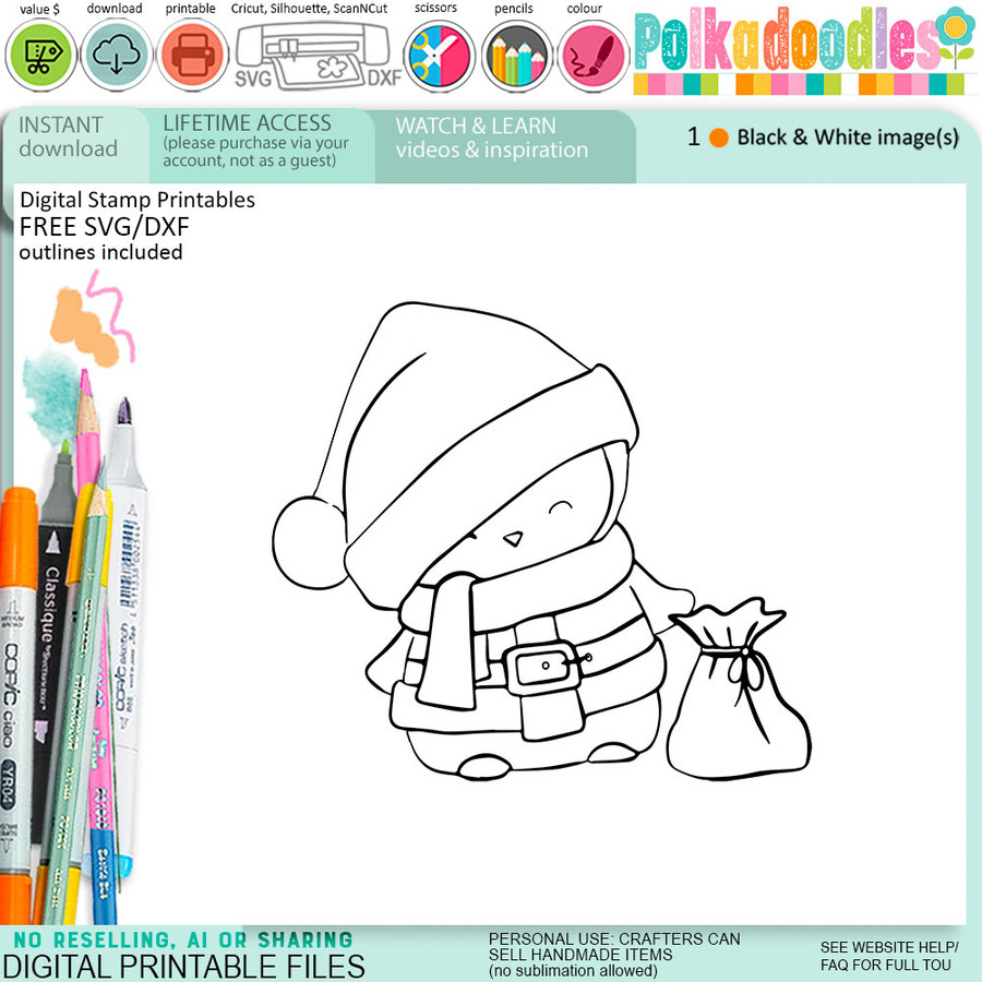 Santa Penguin Theo Penguin - BLACK/WHITE printable digital stamp, card making, craft, sticker, junk journal, scrapbook