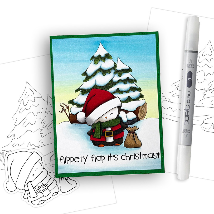 Santa Penguin Theo Penguin - BLACK/WHITE printable digital stamp, card making, craft, sticker, junk journal, scrapbook