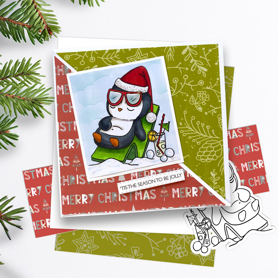 Sunbathing days Theo Penguin - BLACK/WHITE printable digital stamp, card making, craft, sticker, junk journal, scrapbook