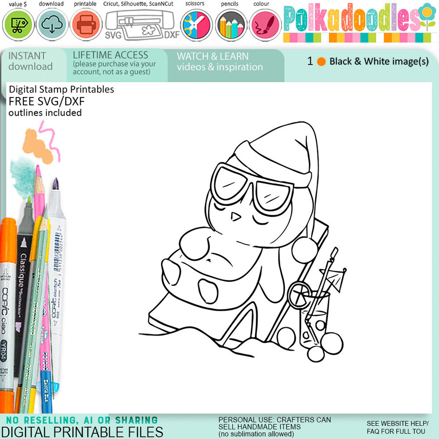 Sunbathing days Theo Penguin - BLACK/WHITE printable digital stamp, card making, craft, sticker, junk journal, scrapbook