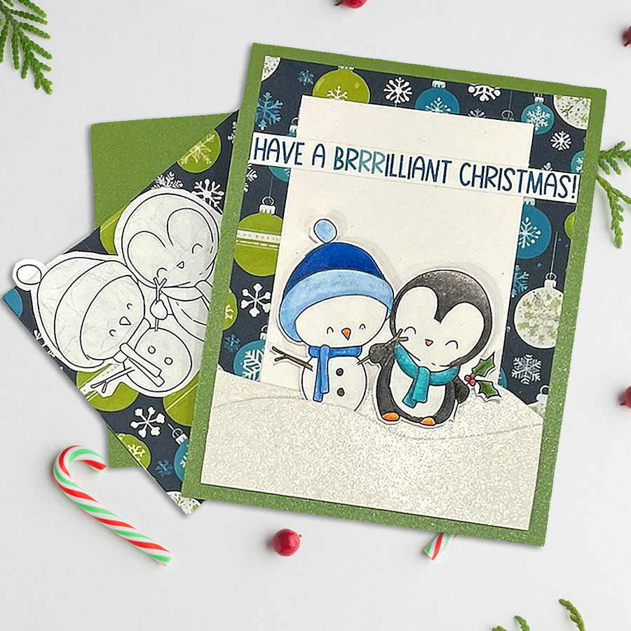 Snow slide playing Theo Penguin - BLACK/WHITE printable digital stamp, card making, craft, sticker, junk journal, scrapbook