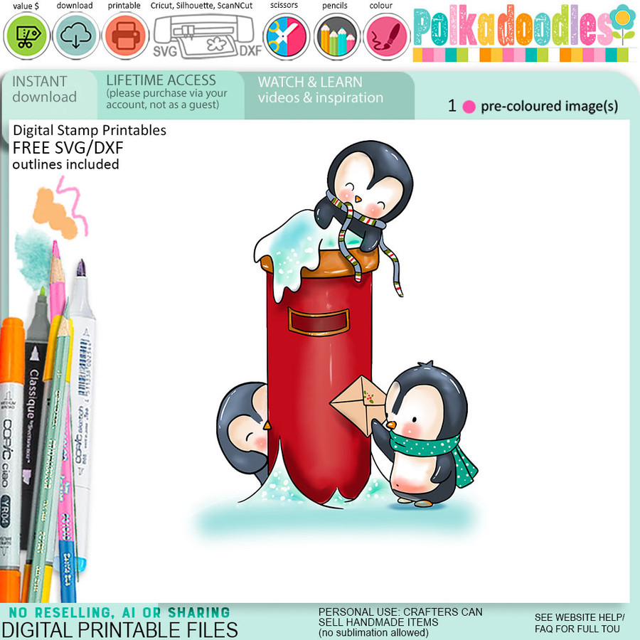 Snow mail Theo Penguin playing colour clipart for card making, crafts, scrapbook, stickers, junk journals