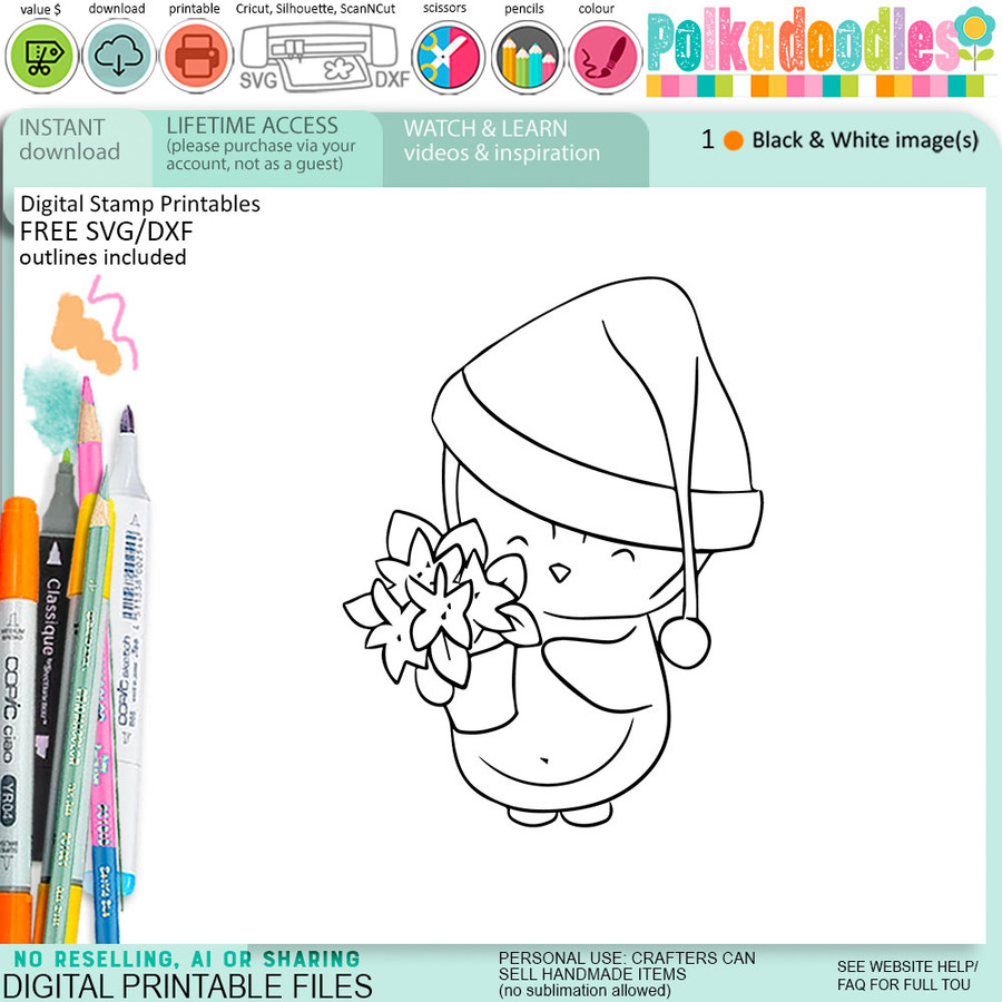 Poinsettia gift Theo Penguin - BLACK/WHITE printable digital stamp, card making, craft, sticker, junk journal, scrapbook