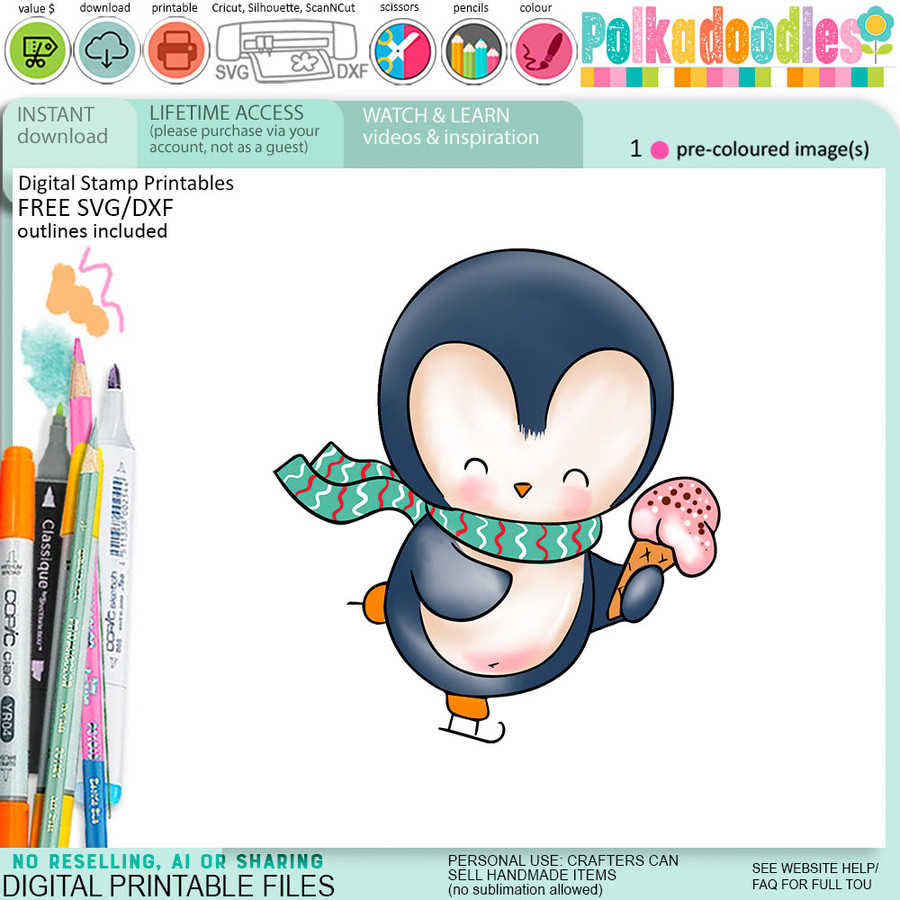 Ice Skating Theo Penguin colour clipart for card making, crafts, scrapbook, stickers, junk journals