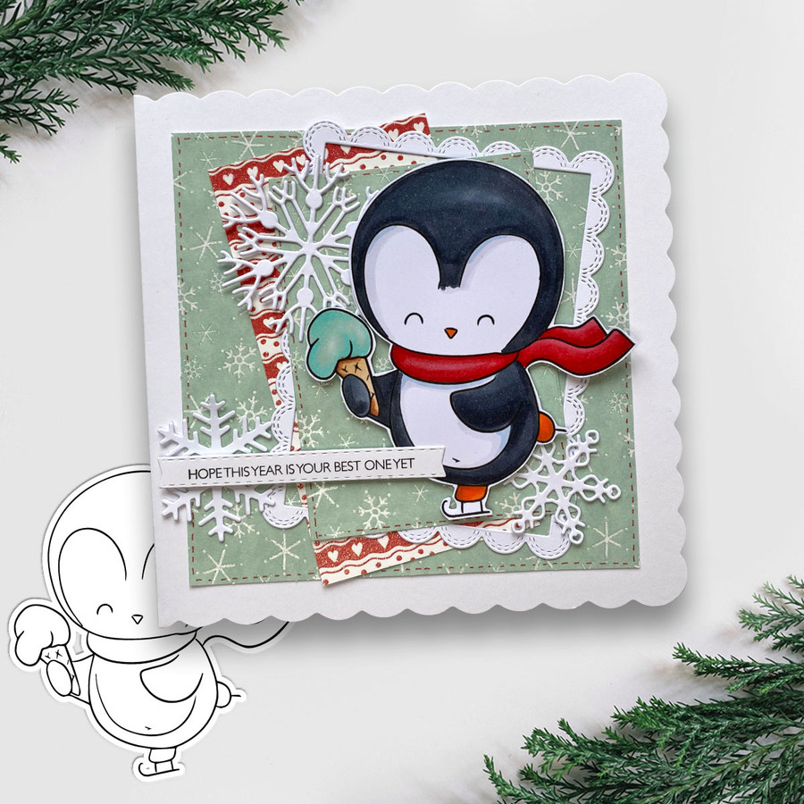 Ice Skating Theo Penguin colour clipart for card making, crafts, scrapbook, stickers, junk journals