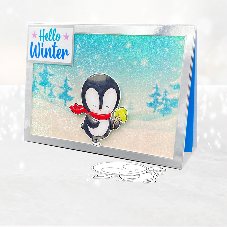 Ice Skating Theo Penguin colour clipart for card making, crafts, scrapbook, stickers, junk journals