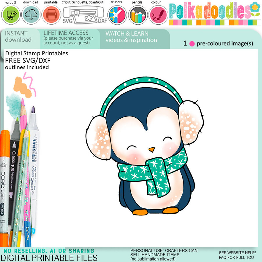 Earmuffs Theo Penguin colour clipart for card making, crafts, scrapbook, stickers, junk journals