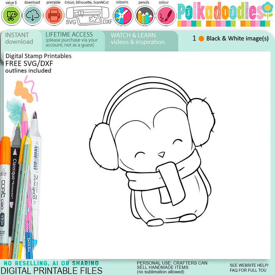 Earmuffs Theo Penguin - BLACK/WHITE printable digital stamp, card making, craft, sticker, junk journal, scrapbook
