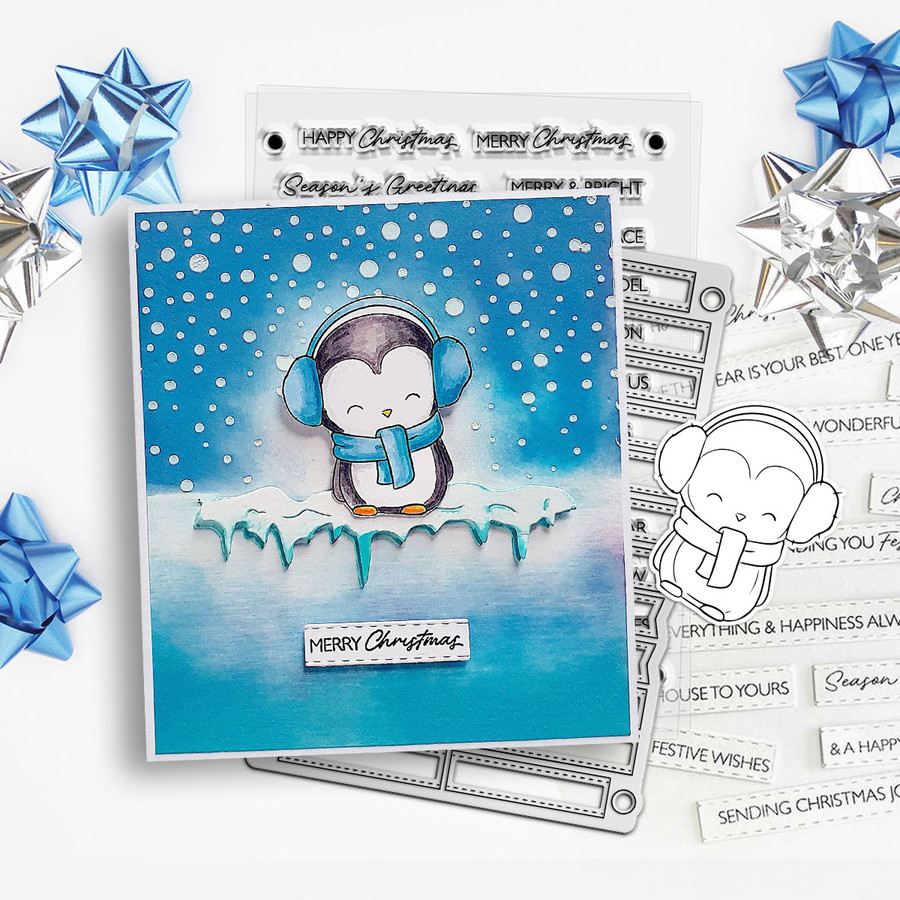 Earmuffs Theo Penguin - BLACK/WHITE printable digital stamp, card making, craft, sticker, junk journal, scrapbook