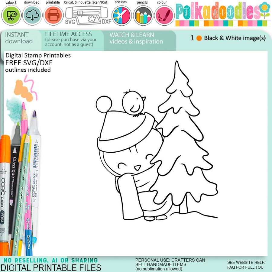 Christmas Tree fun Theo Penguin - BLACK/WHITE printable digital stamp, card making, craft, sticker, junk journal, scrapbook