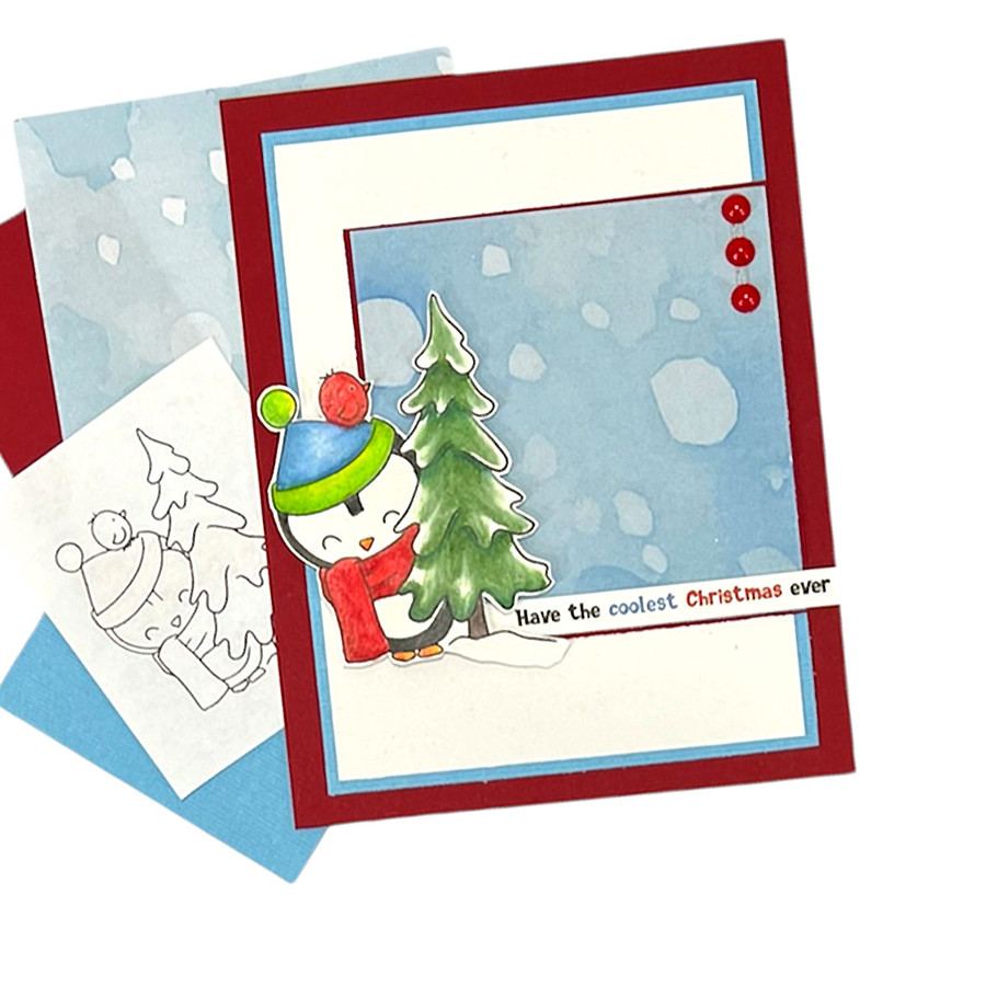 Christmas Tree fun Theo Penguin - BLACK/WHITE printable digital stamp, card making, craft, sticker, junk journal, scrapbook