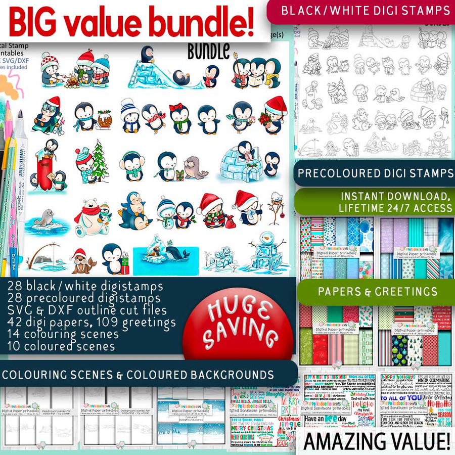 Theo Penguin Winter Snow Days BIG KAHUNA download bundle - digital stamps, clipart printables, card making, craft, sticker, junk journal, scrapbooking.