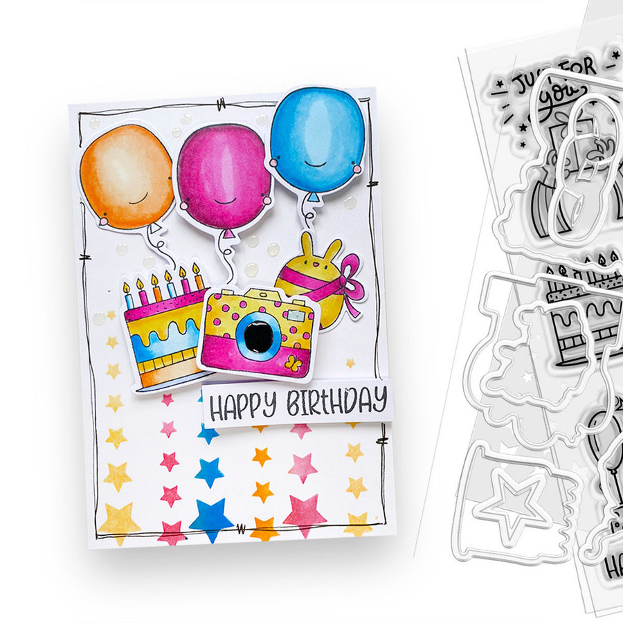 Say Cheese Birthday Celebration A5/6 x 8" stamps and outline cutting dies for card making, craft, scrapbooking
