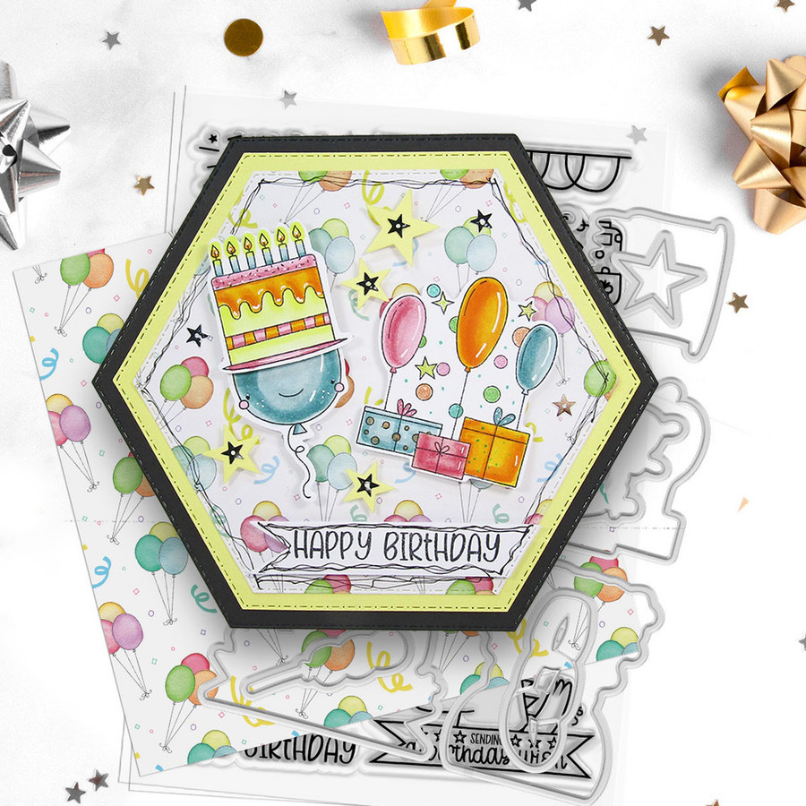 Say Cheese Birthday Celebration A5/6 x 8" stamps and outline cutting dies for card making, craft, scrapbooking