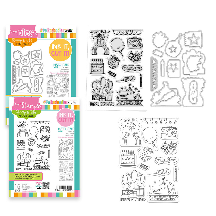 Say Cheese Birthday Celebration A5/6 x 8" stamps and outline cutting dies for card making, craft, scrapbooking