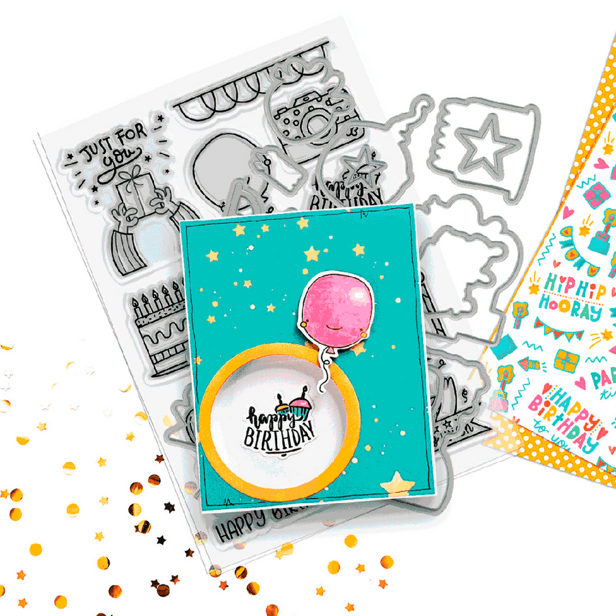 Say Cheese Birthday Celebration A5/6 x 8" stamps and outline cutting dies for card making, craft, scrapbooking