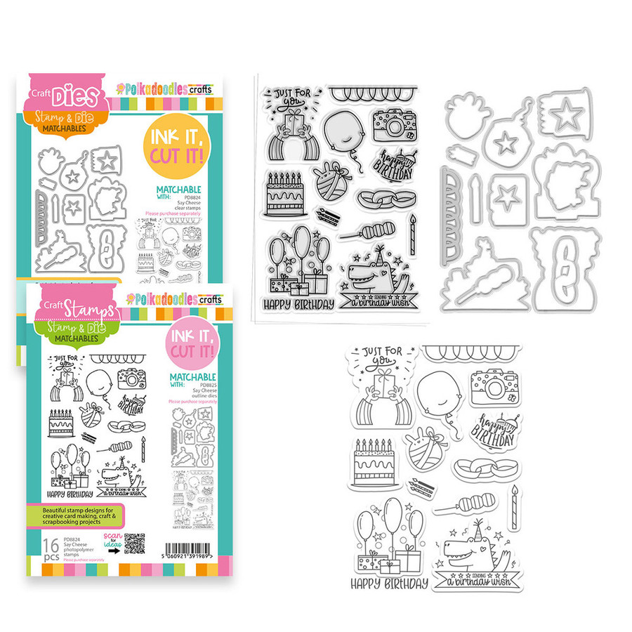 Say Cheese Birthday Celebration A5/6 x 8" stamps and outline cutting dies for card making, craft, scrapbooking