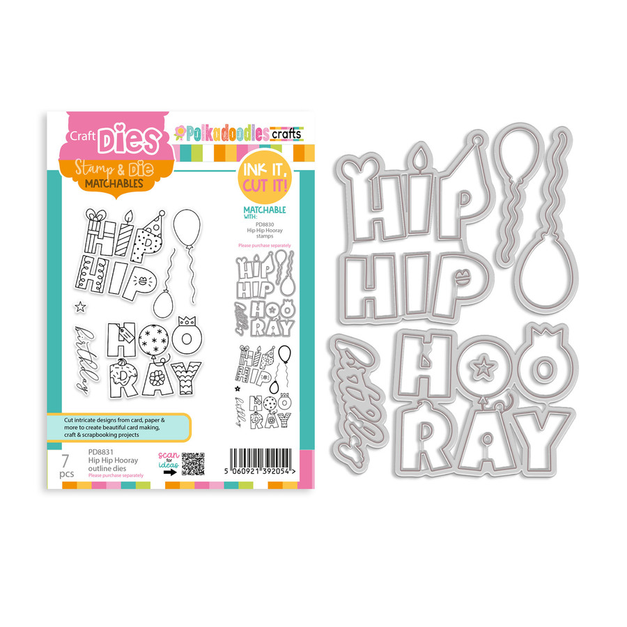 Hip Hip Hooray birthday celebration outline cutting dies for card making, craft, scrapbooking