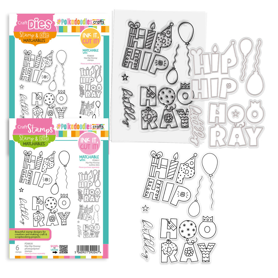 Hip Hip Hooray birthday celebration stamps and outline dies for card making, craft, scrapbooking