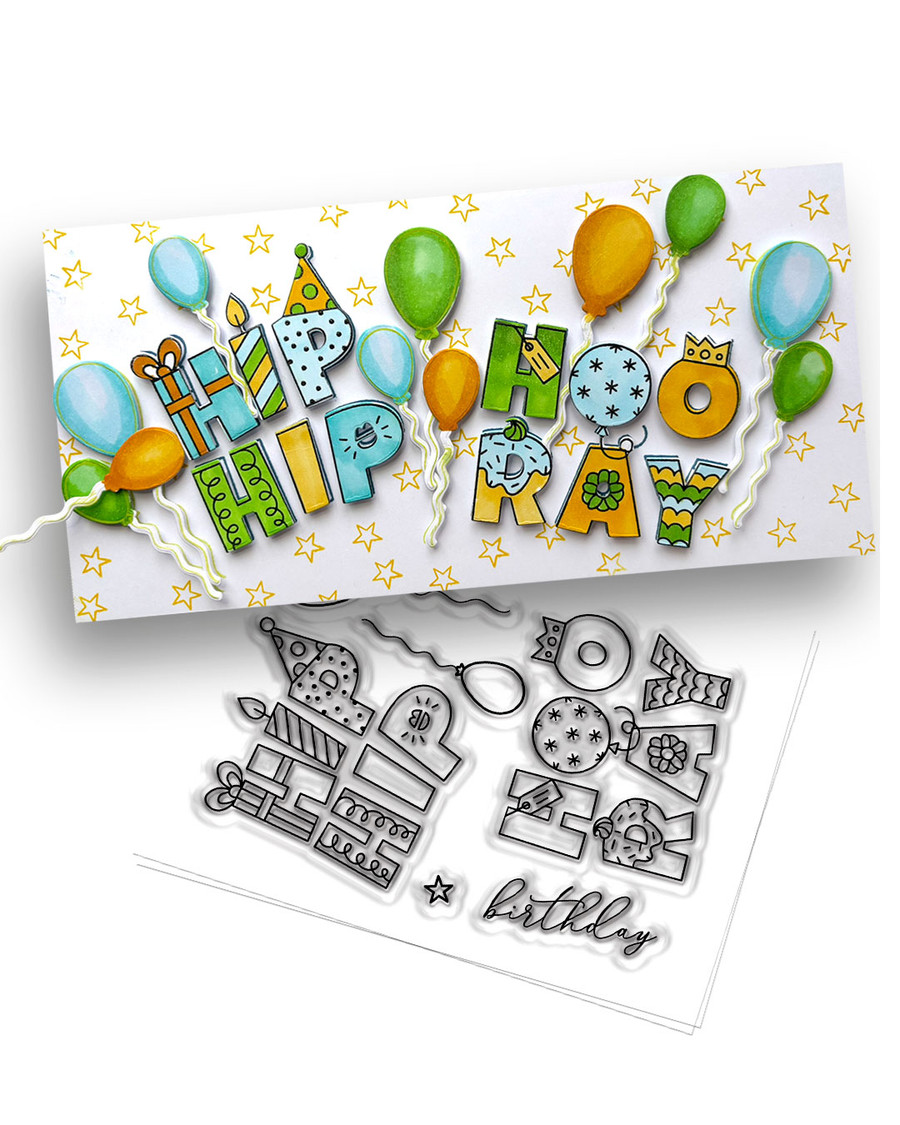 Hip Hip Hooray birthday celebration stamps and outline dies for card making, craft, scrapbooking
