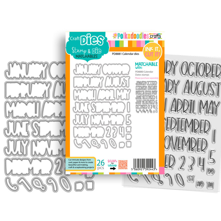 Calendar Months & Numbers clear Stamps & Outline dies bundle (Large A5/6 x 8") - card making, craft, scrapbooking