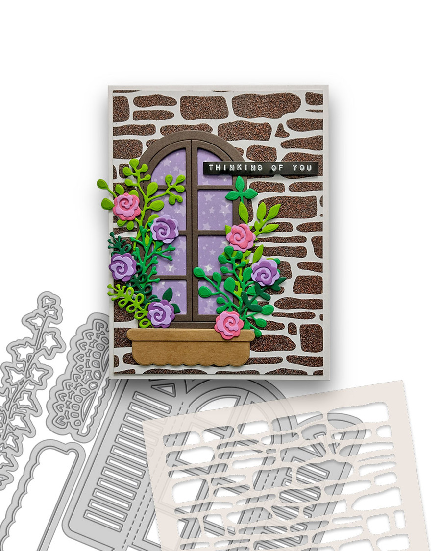 Pretty Shutter Window craft cutting dies with window box & foliage - for card making, craft, scrapbook
