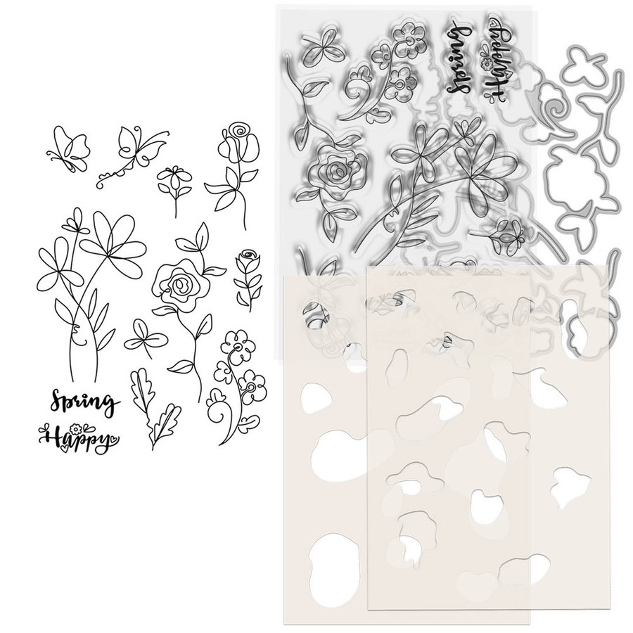 Happy Spring Sketchy Flower A5/6 x 8" clear Photopolymer Stamps & Outline Dies for card making, craft, scrapbooking, mixed media