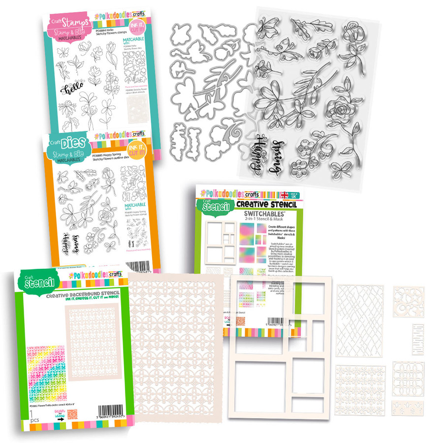 Happy Spring Sketchy Flower Stamps, Dies, Stencils bundle - for card making, craft, scrapbooking, mixed media
