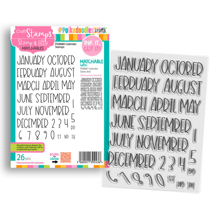 Calendar Months & Numbers clear Stamps & Outline dies bundle (Large A5/6 x 8") - card making, craft, scrapbooking