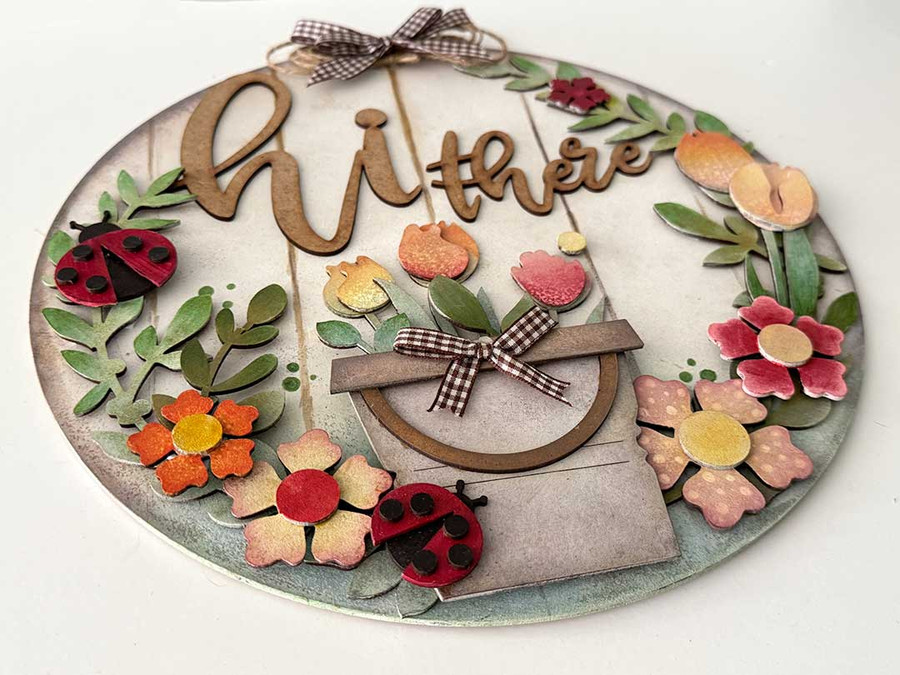 Hi There bucket of flowers Layered Welcome Plaque/sign - MDF DIY kit, Card Making, Craft,  Scrapbooking.