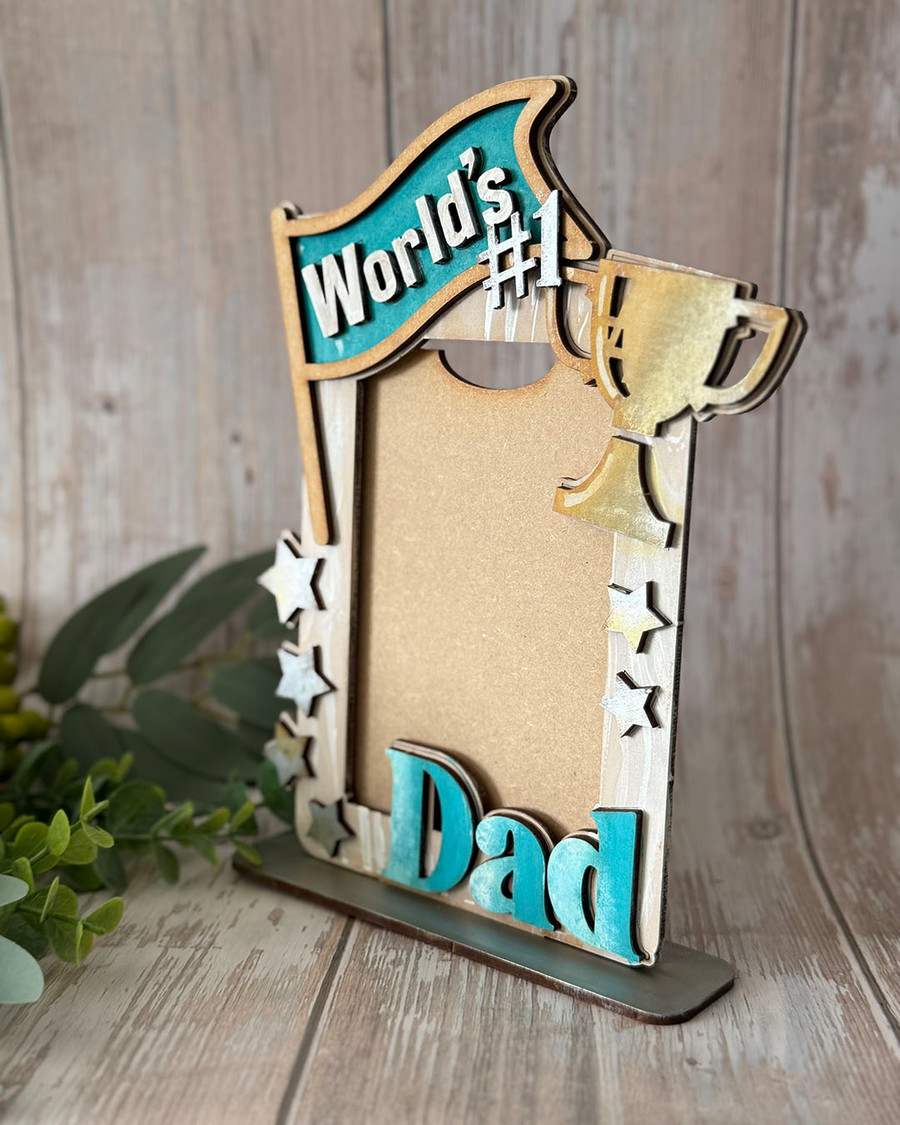 “World’s #1 Dad” Photo Frame Craft Kit – Perfect for Father’s Day or Birthday Gifts. Wooden shape craft kit to decorate
