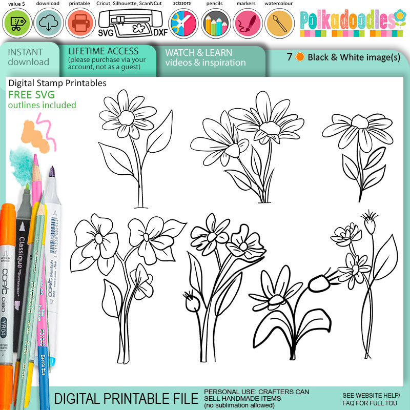 Bee Buzzy Flower Digital Stamps – Printable Clipart for Card Making, Scrapbooking and Junk Journaling