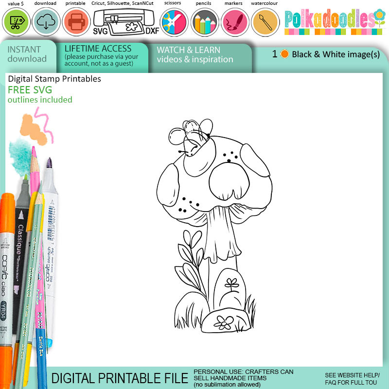 Mush Bee Summer Bee Buzzy Gnome cute digital stamp line art Printables for Card Making, Scrapbooking and Junk Journaling