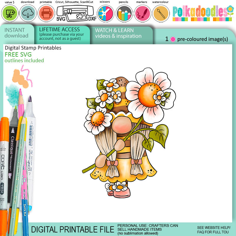 Daisy Delight - Bee Buzzy Gnome cute precoloured clipart – Printables for Card Making, Scrapbooking and Junk Journaling.