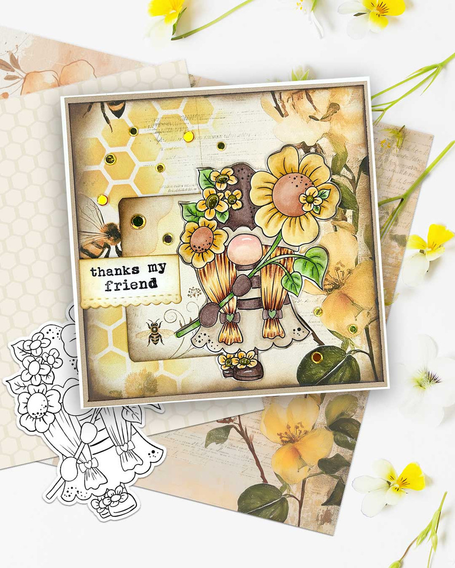 Daisy Delight - Bee Buzzy Gnome cute black/white digital stamp – Printables for Card Making, Scrapbooking and Junk Journaling.