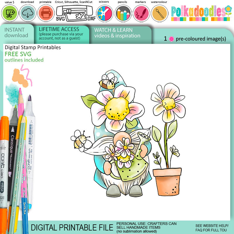 Gnome Grown Bee Buzzy Gnome cute precoloured clipart – Printables for Card Making, Scrapbooking and Junk Journaling
