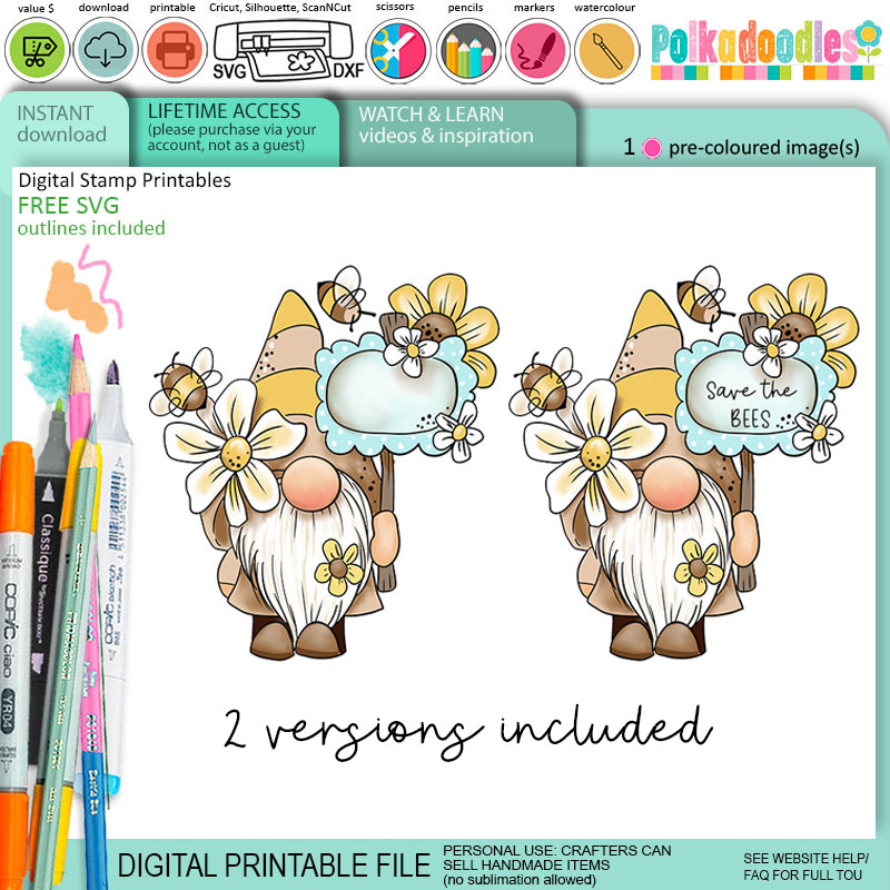 Save the Bees Bee Buzzy Gnome cute precoloured clipart – Printables for Card Making, Scrapbooking and Junk Journaling.