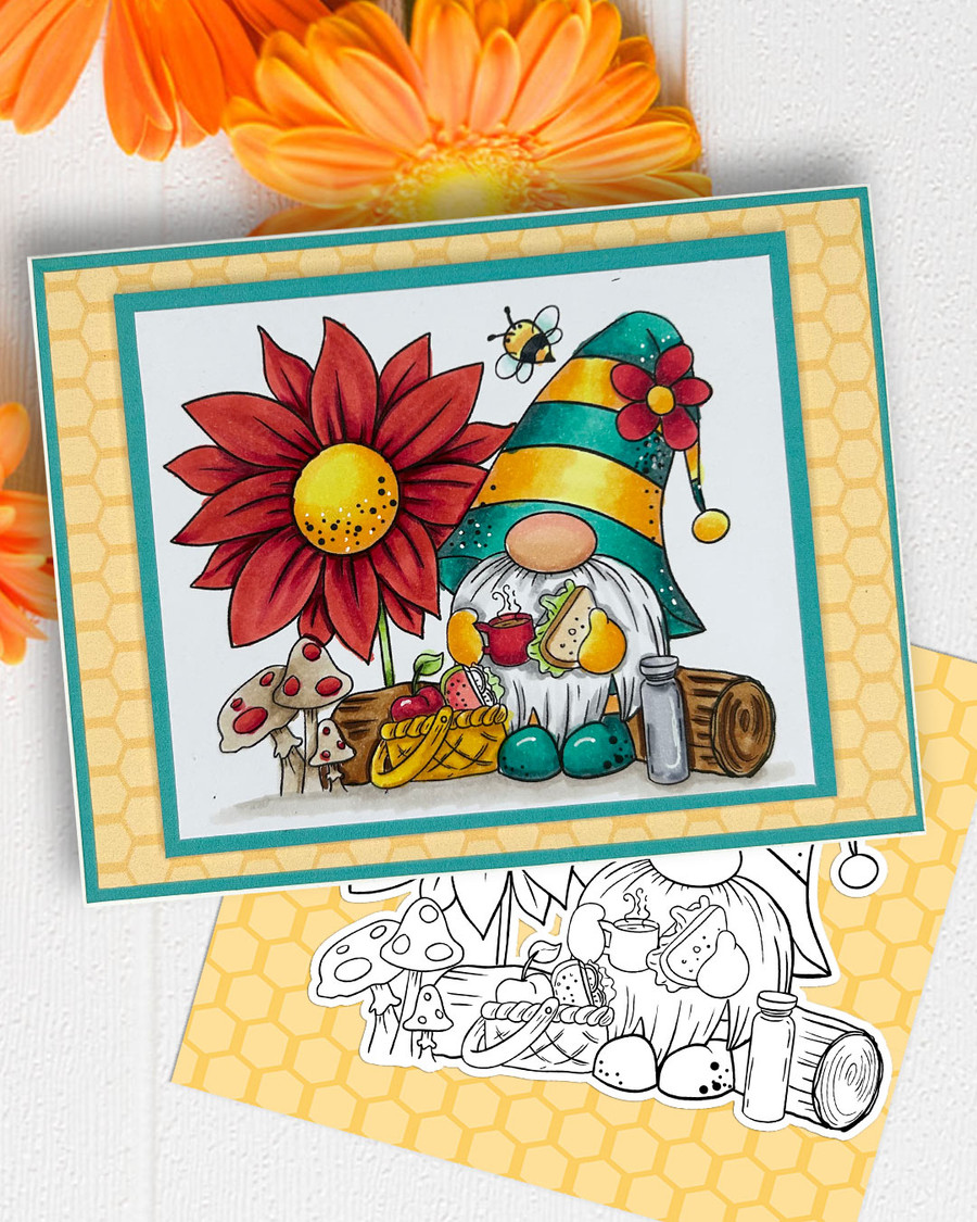 Nom Nom picnic - Bee Buzzy Gnome cute black/white digital stamp – Printables for Card Making, Scrapbooking and Junk Journaling.
