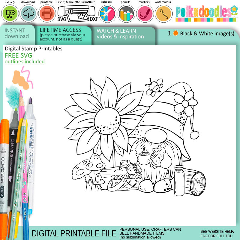 Nom Nom - Bee Buzzy Gnome cute black/white digital stamp – Printables for Card Making, Scrapbooking and Junk Journaling.
