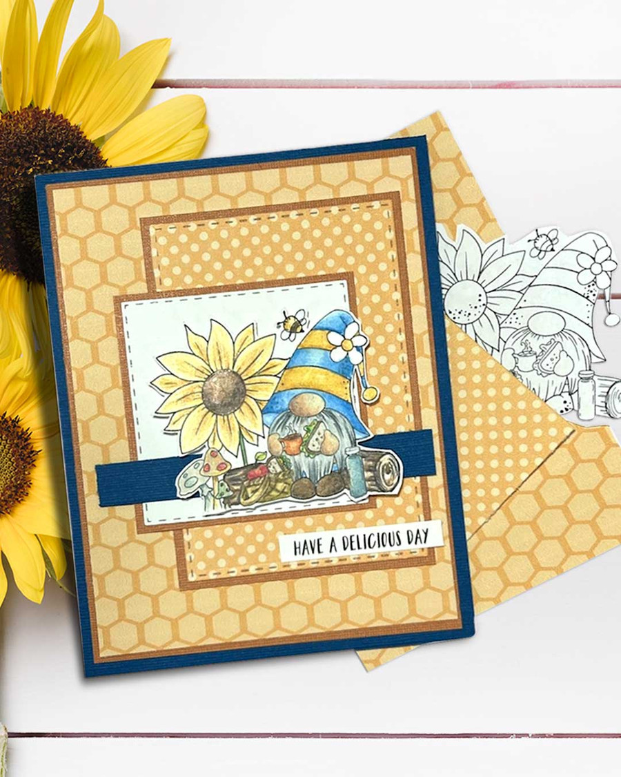 Nom Nom picnic - Bee Buzzy Gnome cute black/white digital stamp – Printables for Card Making, Scrapbooking and Junk Journaling.