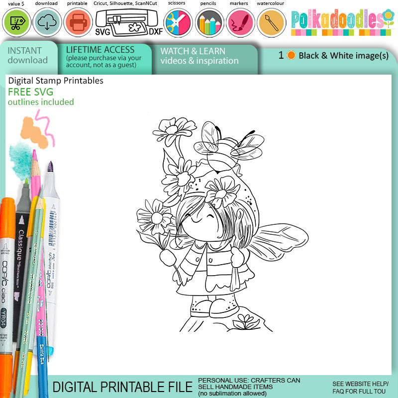 Buddies - Bee Buzzy girl Gnome cute black/white digital stamp – Printables for Card Making, Scrapbooking and Junk Journaling.