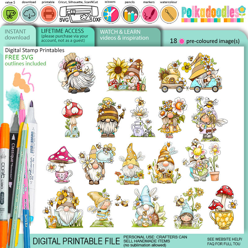 Bee Buzzy Gnomes BIG VALUE bundle – 18 precoloured clipart images, Printable Stamp Pack for Card Making, Scrapbooking and Junk Journaling.